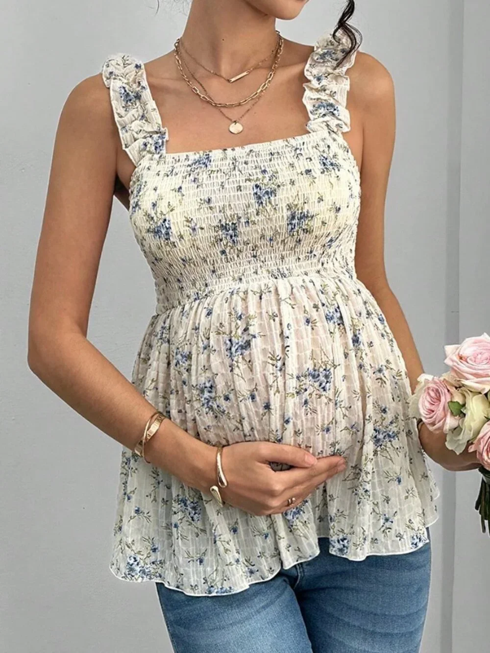 Boho Blue And White Maternity Frill Trim Women's Camisole